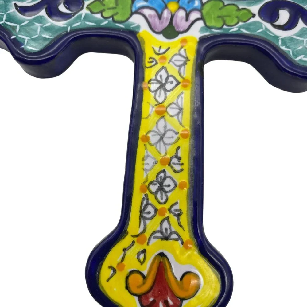 Ceramic hand made hanging cross ornaments hand painted Mexican‎ pottery
